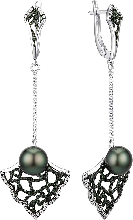 Серебряные серьги с подвесками De Fleur 52997S2Z с эмалью, черным жемчугом, фианитами