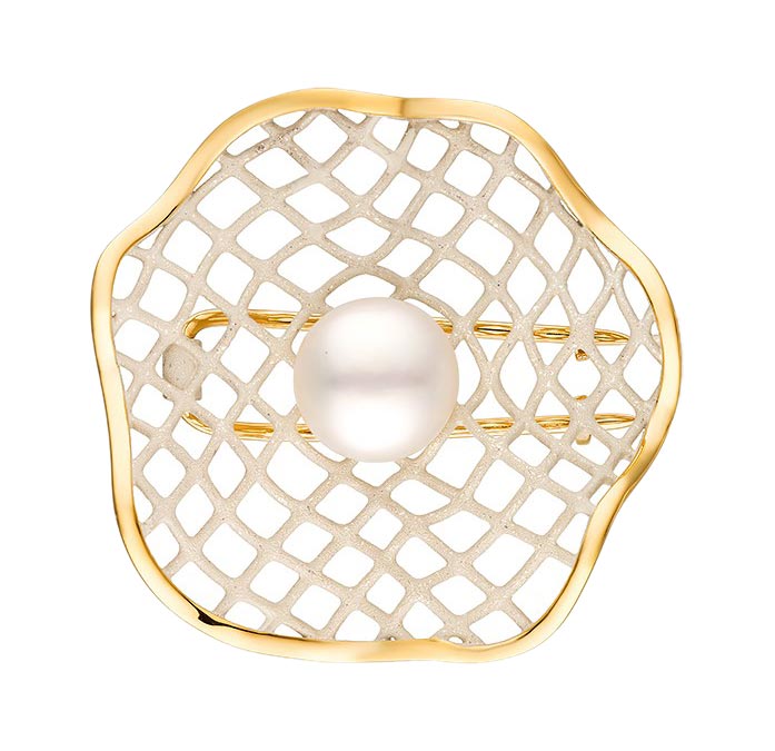 Серебряная брошь De Fleur 56024Y1H с эмалью, жемчугом