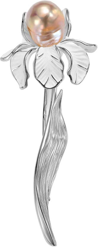 Серебряная брошь ''Ирис'' De Fleur 56984S8W с эмалью, розовым барочным жемчугом