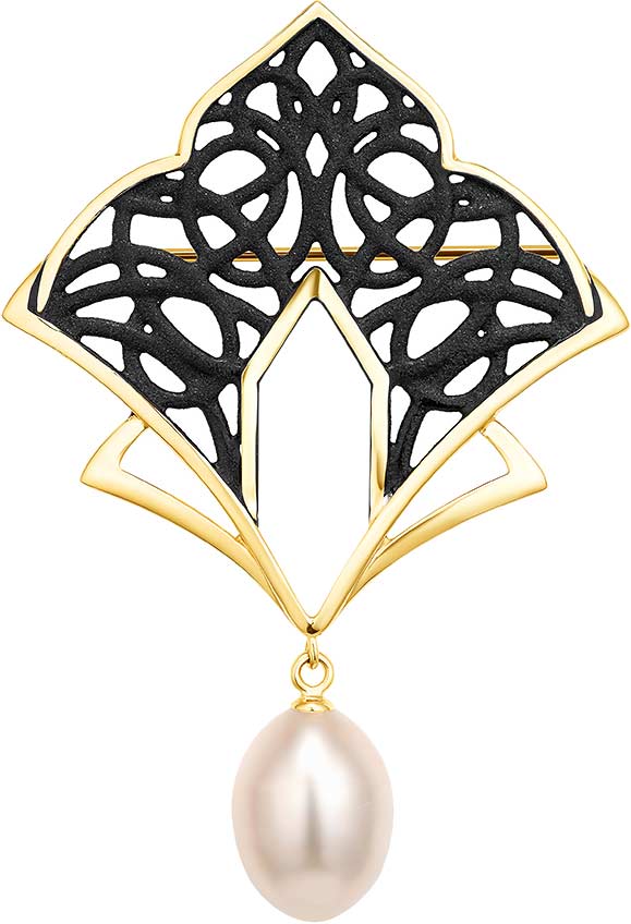 Серебряная брошь De Fleur 56992Y1B c эмалью, жемчугом