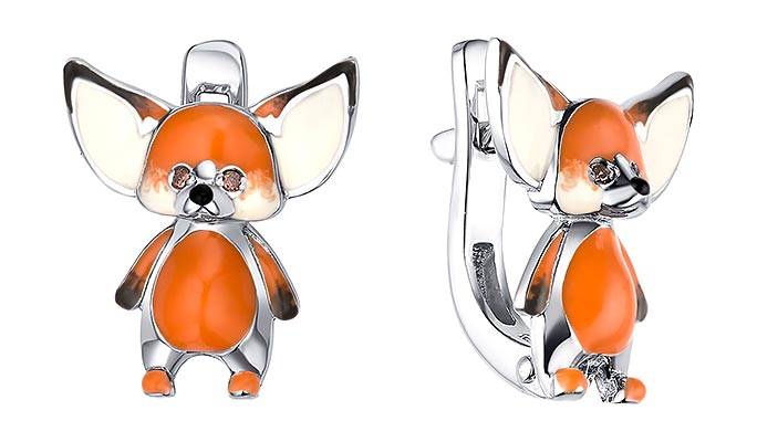 Детские серебряные серьги ''Лиса'' Dewi 901021925-dv с эмалью, фианитами