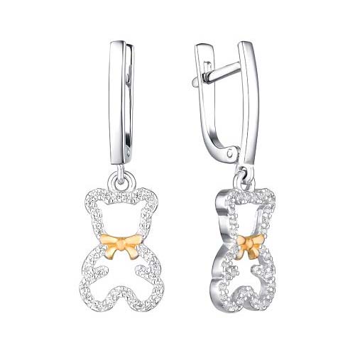 Серебряные серьги с подвесками ''Мишка'' Dewi 901022081-dv с фианитами