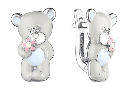 Детские серебряные серьги ''Мишки'' Dewi 901022340-dv с эмалью, фианитами