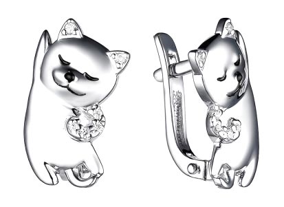 Серебряные серьги ''Кошки'' Dewi 901022611-dv с эмалью, фианитами