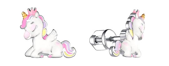 Детские серебряные серьги пусеты-гвоздики ''Единороги'' Dewi 902062703-dv с эмалью