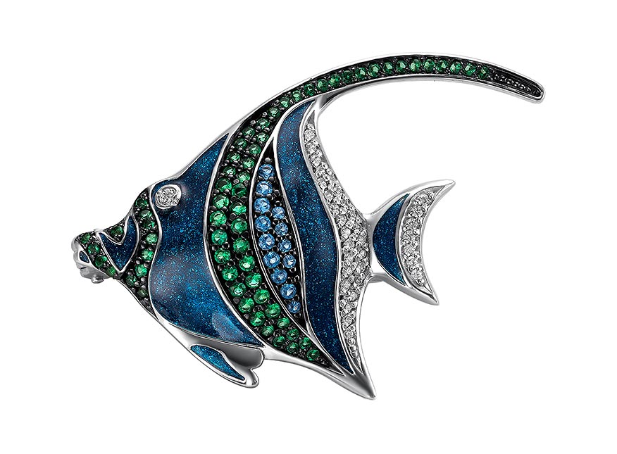 Серебряная брошь ''Рыбка'' Dewi 907081624-dv с эмалью, фианитами