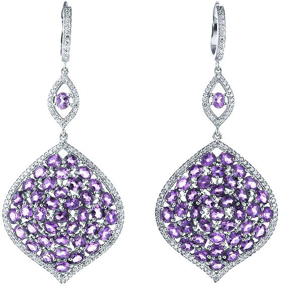 Серебряные длинные серьги JV CSE-22P-AM-001-WG с аметистами, кубическим цирконием