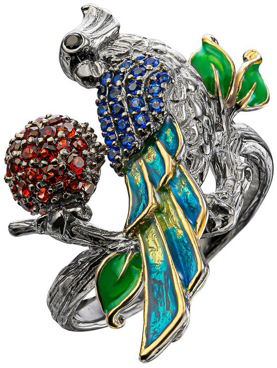 Серебряное кольцо JV YR01457-KO-GR-SP-ENAM-001-BJ с гранатами, синей шпинелью, эмалью