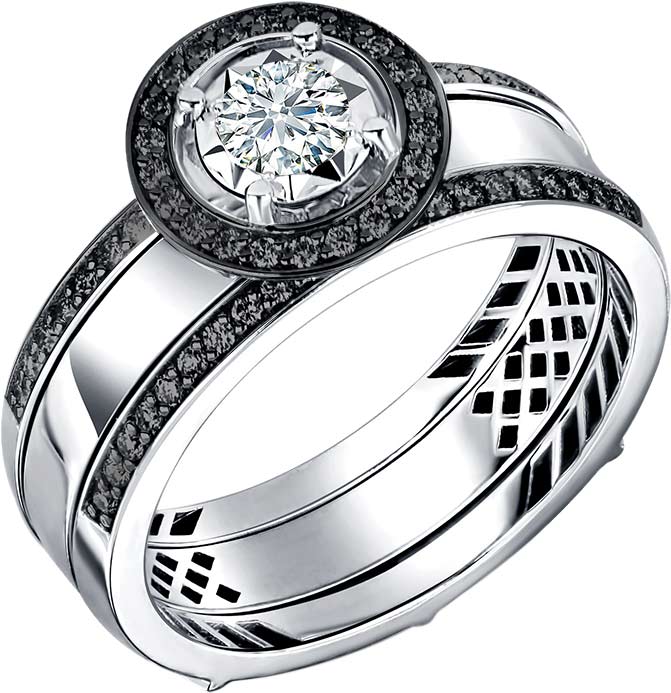Наборное кольцо из белого золота ERA JEWELLERY 01-02021-03-040-01-04 с бриллиантом, черными бриллиантами