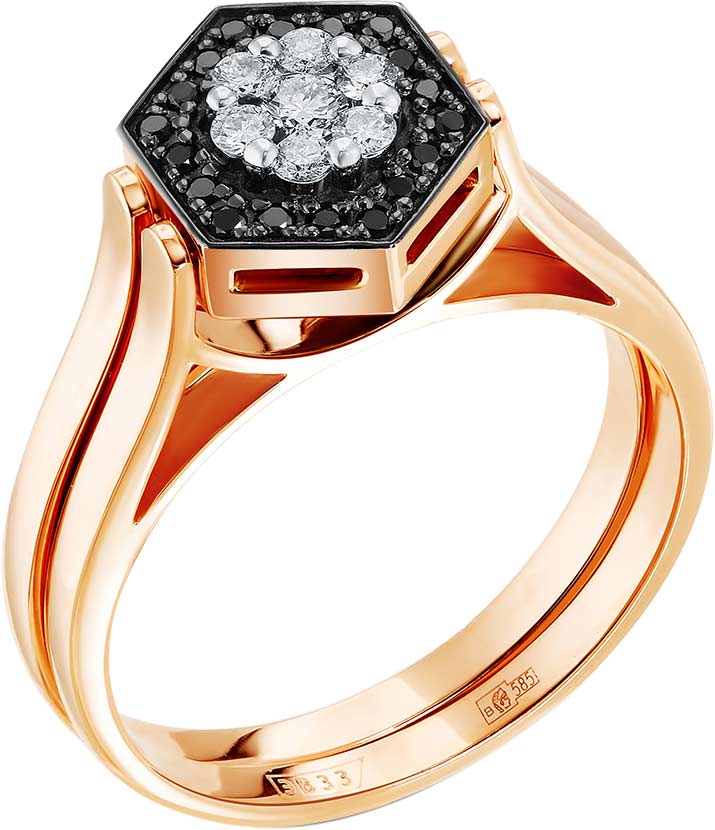 Золотое двухстороннее кольцо ERA JEWELLERY 01-02734-01-285-01-02 с сапфиром, бриллиантами, черными бриллиантами