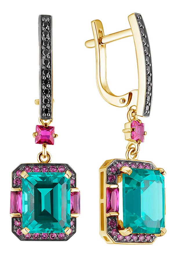 Золотые серьги с подвесками ERA JEWELLERY 02-02071-05-189-01-02 с гидротермальными рубинами, гидротермальными турмалинами, черными бриллиантами