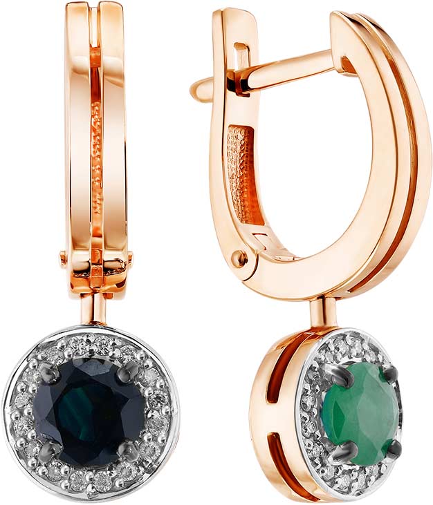 Золотые двухсторонние серьги с подвесками ERA JEWELLERY 02-02730-01-305-01-02 с сапфирами, изумрудами, бриллиантами