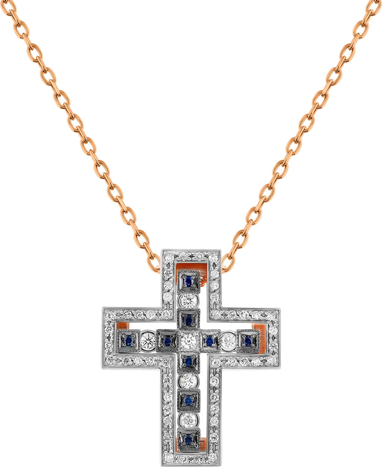 Женский золотой декоративный крестик на цепочке ERA JEWELLERY 06-00093-01-009-01-02 с сапфирами, бриллиантами