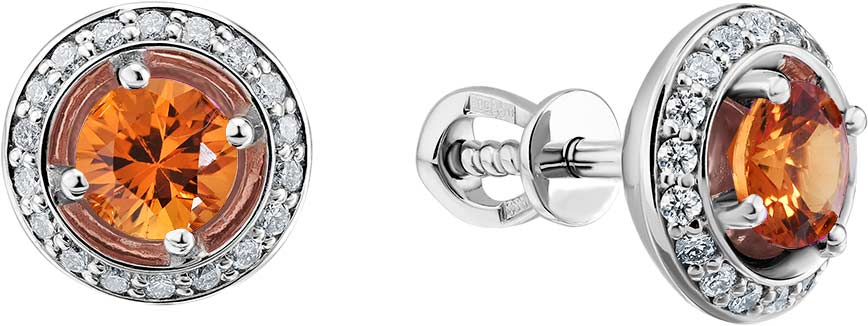 Серьги пусеты-гвоздики из белого золота ERA JEWELLERY 09-02068-03-313-01-03 с оранжевыми сапфирами, бриллиантами