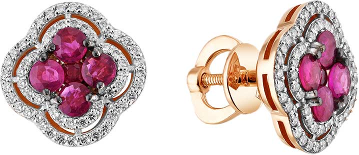 Золотые серьги пусеты-гвоздики ERA JEWELLERY 09-03104-01-011-07-02 с рубинами, бриллиантами