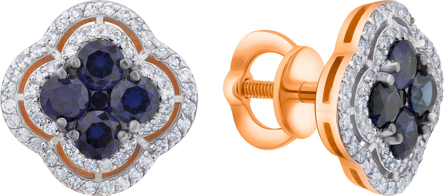 Золотые серьги пусеты-гвоздики ERA JEWELLERY 09-03104-01-112-07-02 с гидротермальными сапфирами, бриллиантами