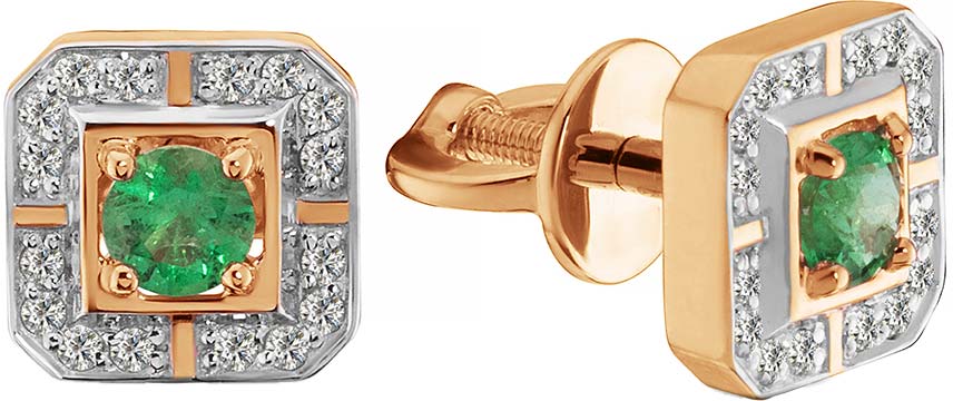 Золотые серьги пусеты гвоздики ERA JEWELLERY 09-03404-01-110-01-01 с изумрудами, бриллиантами