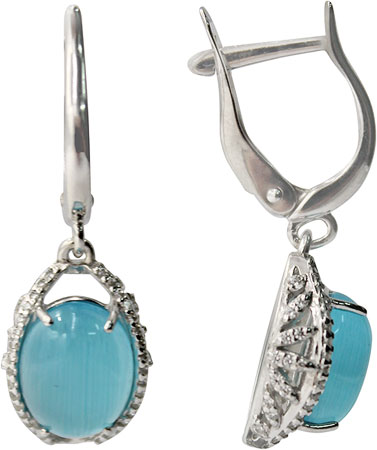 Серебряные серьги с подвесками Эстет S3S254369 с кубическим цирконием, кошачьим глазом