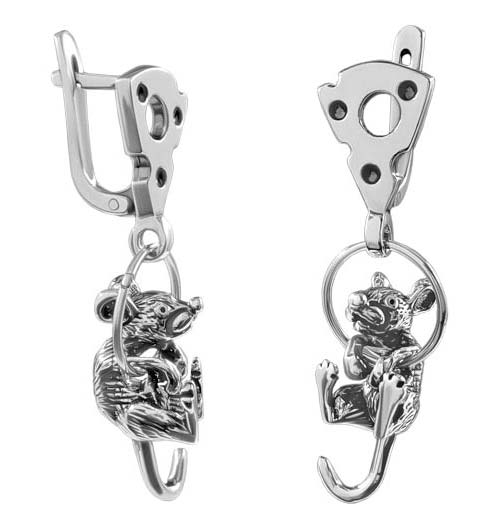 Серебряные серьги с подвесками ''Озорные мыши'' ФИТ 72981-f