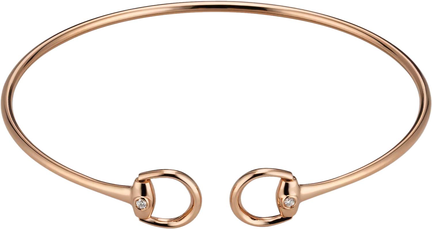 Золотой жесткий открытый браслет Gucci Horsebit YBA837620001 с бриллиантами