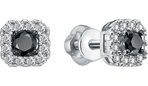 Серьги пусеты-гвоздики из белого золота Империал S03839-0225 с бриллиантами, черными бриллиантами