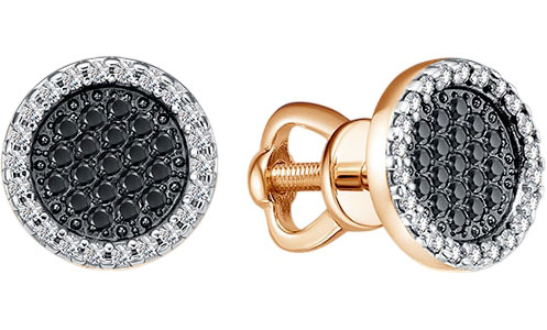 Золотые серьги пусеты-гвоздики Империал S03842-0125 с бриллиантами, черными бриллиантами