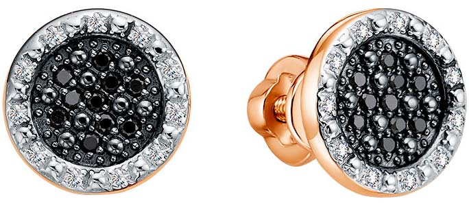 Золотые серьги пусеты-гвоздики Империал S03999-125 с бриллиантами, черными бриллиантами