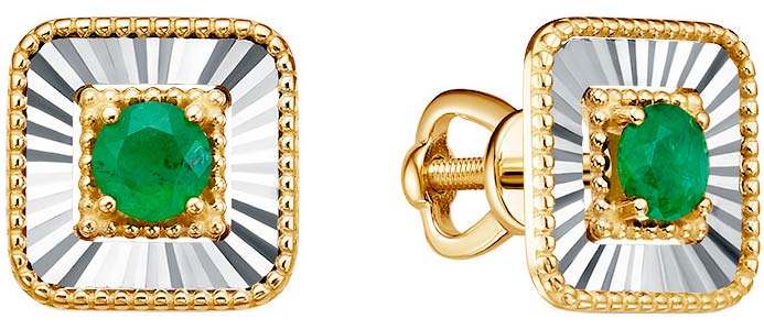 Золотые серьги пусеты-гвоздики Империал S04046K-303 с изумрудами