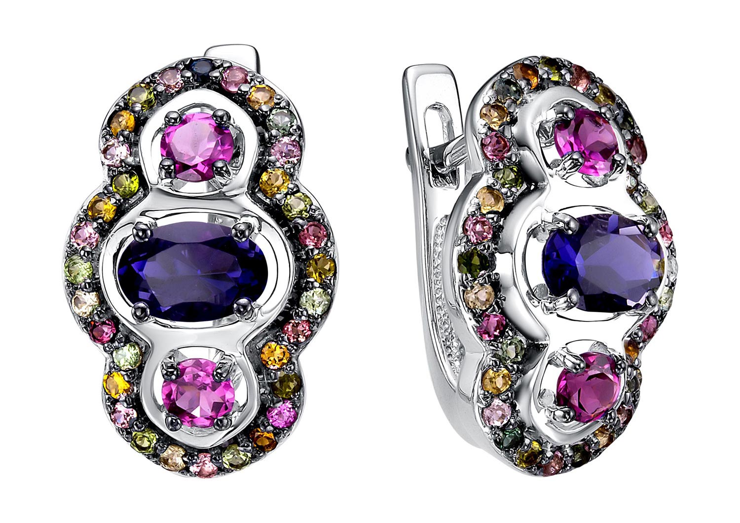 Серебряные серьги Империал S1318JU/Ag-607/36 с иолитами, родолитами, турмалинами