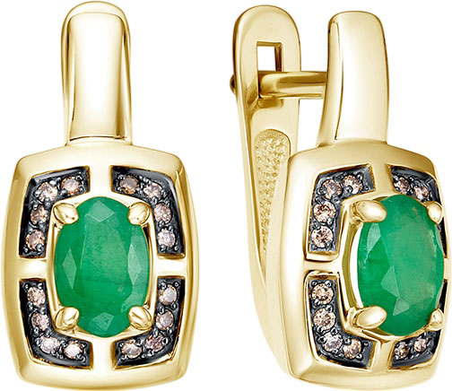 Золотые серьги Империал S3876-303/30 с изумрудами, коньячными бриллиантами