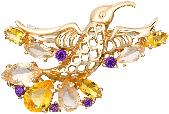 Серебряная брошь Инталия 7075-N2-9 с морганитами, цитринами, фианитами