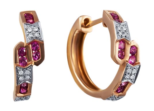 Золотые серьги JV ME32323-WD-RU-RG-RU-PINK с рубинами, бриллиантами