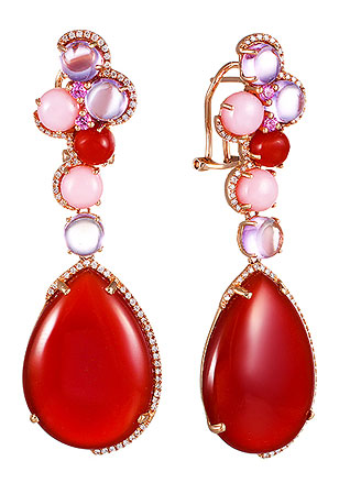 Золотые серьги капельки JV TR00052E-R-RAG-SR-PS-AM-OAG-POP-PINK с красными агатами, розовыми сапфирами, розовыми опалами, аметистами, бриллиантами