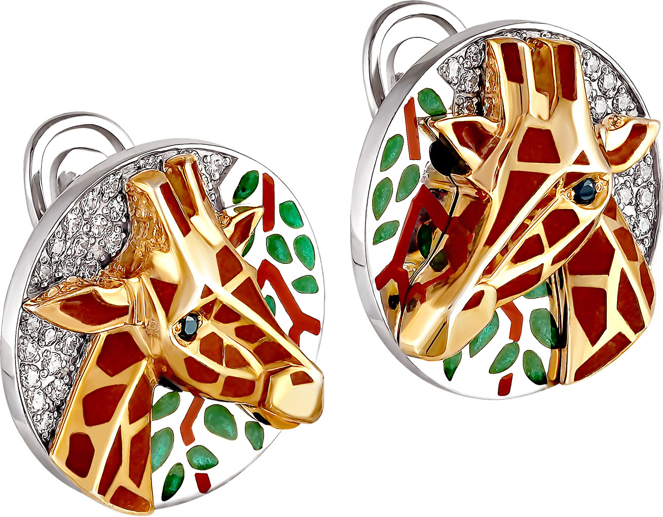 Серебряные серьги круглые ''Жираф'' Kabarovsky 12-002 с эмалью, черными фианитами, фианитами Swarovski
