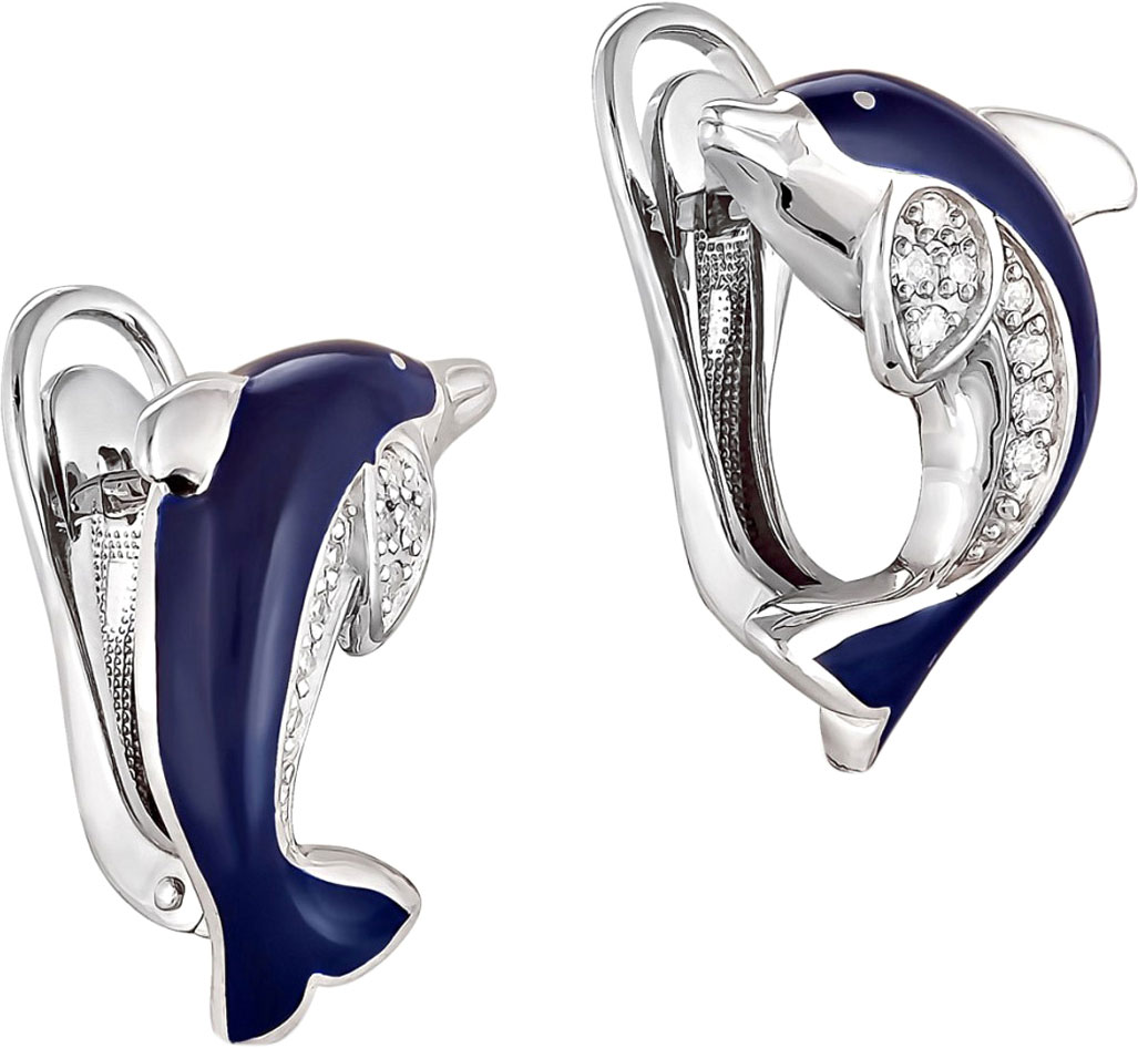 Серебряные серьги ''Дельфины'' Kabarovsky 12-018-0107 с эмалью, фианитами Swarovski