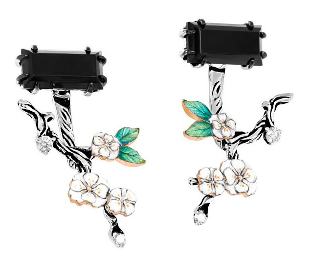 Серьги из белого золота Kabarovsky 12-11581-6722 с ониксами, бриллиантами, керамикой, финифтью