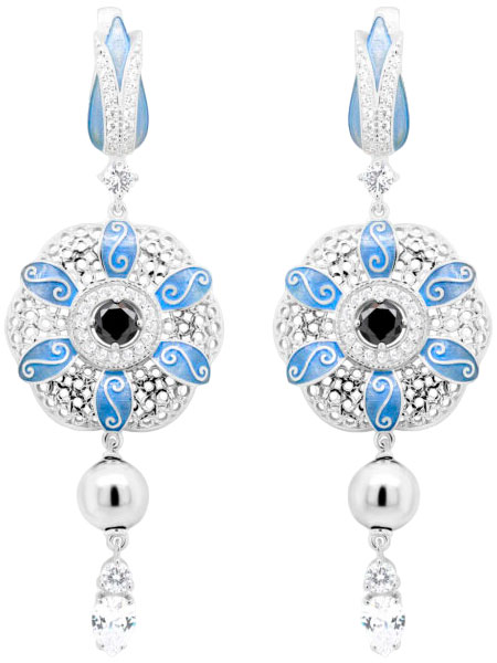 Серебряные серьги с подвесками Kabarovsky 12-427-40807 с эмалью, искусственным жемчугом, фианитами