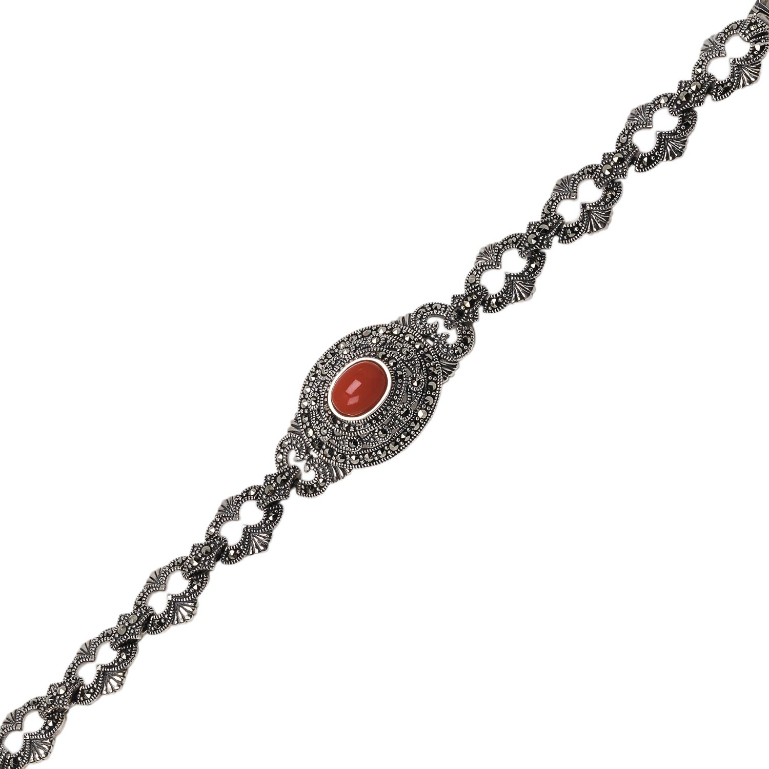 Серебряный браслет Марказит BR0519-korall-mr c марказитом, кораллом, cо Swarovski