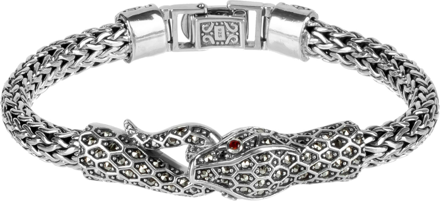 Серебряный жесткий браслет Марказит BR0895-granat-mr с гранатами, марказитами Swarovski