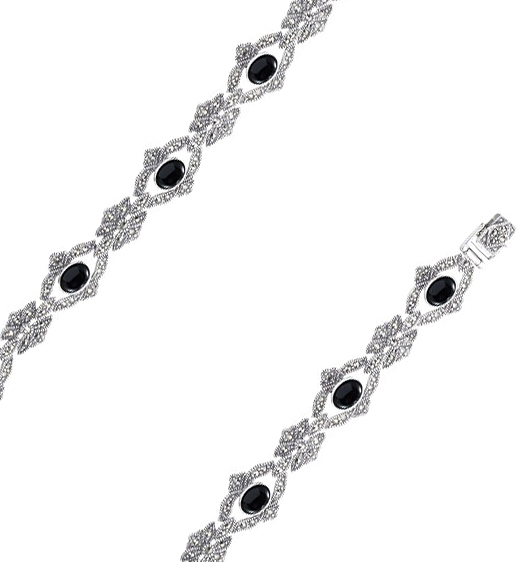 Серебряный браслет цепь Марказит BR094-oniks-mr с ониксами, марказитами Swarovski