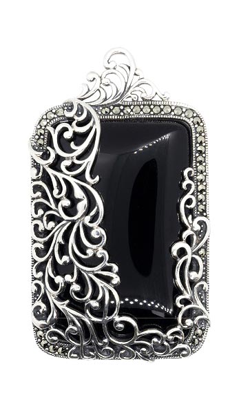 Серебряная брошь Марказит HB0524-oniks-mr с ониксом, марказитами Swarovski