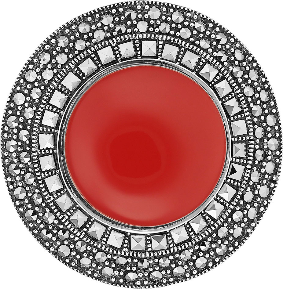 Серебряная брошь Марказит HB0564-korall-mr с кораллом, марказитами Swarovski