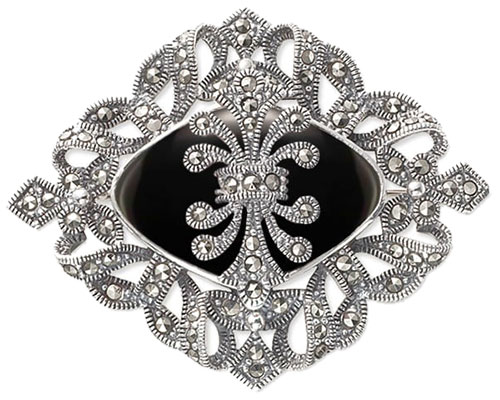 Серебряная брошь Марказит HB065-mr с ониксами, марказитами