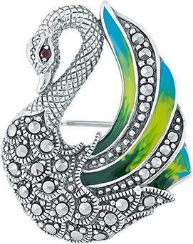 Серебряная брошь ''Лебедь'' Марказит HB500-green-mr с гранатом, марказитами