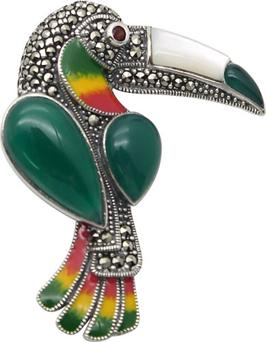 Серебряная брошь ''Попугай'' Марказит HB545-hrizopraz-mr с эмалью, хризопразом, гранатом, перламутром, марказитами