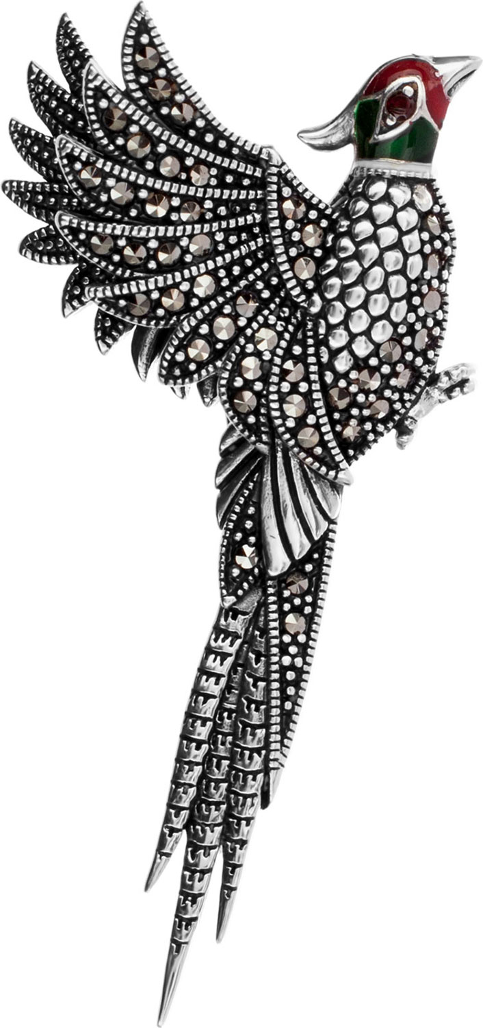 Серебряная брошь ''Фазан'' Марказит HB556-granat-mr с гранатом, марказитами Swarovski