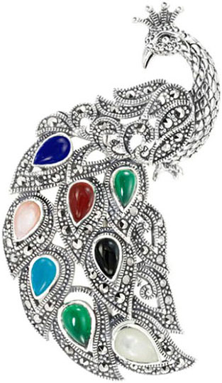 Серебряная брошь Марказит HB566-mix-mr с бирюзой, лазуритом, ониксом, перламутром, сердоликом, хризопразом, марказитами Swarovski