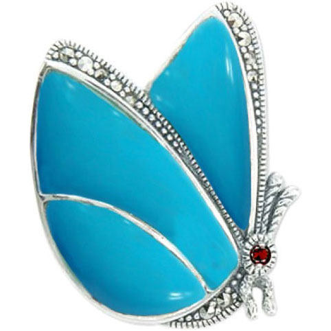 Серебряная брошь Марказит HB635-birjuza-mr с гранатом, бирюзой, марказитами Swarovski