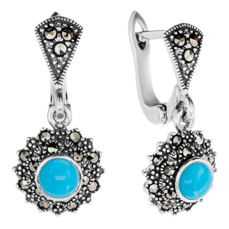 Серебряные серьги с подвесками Марказит HE0912-topaz-rauh-mr с бирюзой, марказитами Swarovski