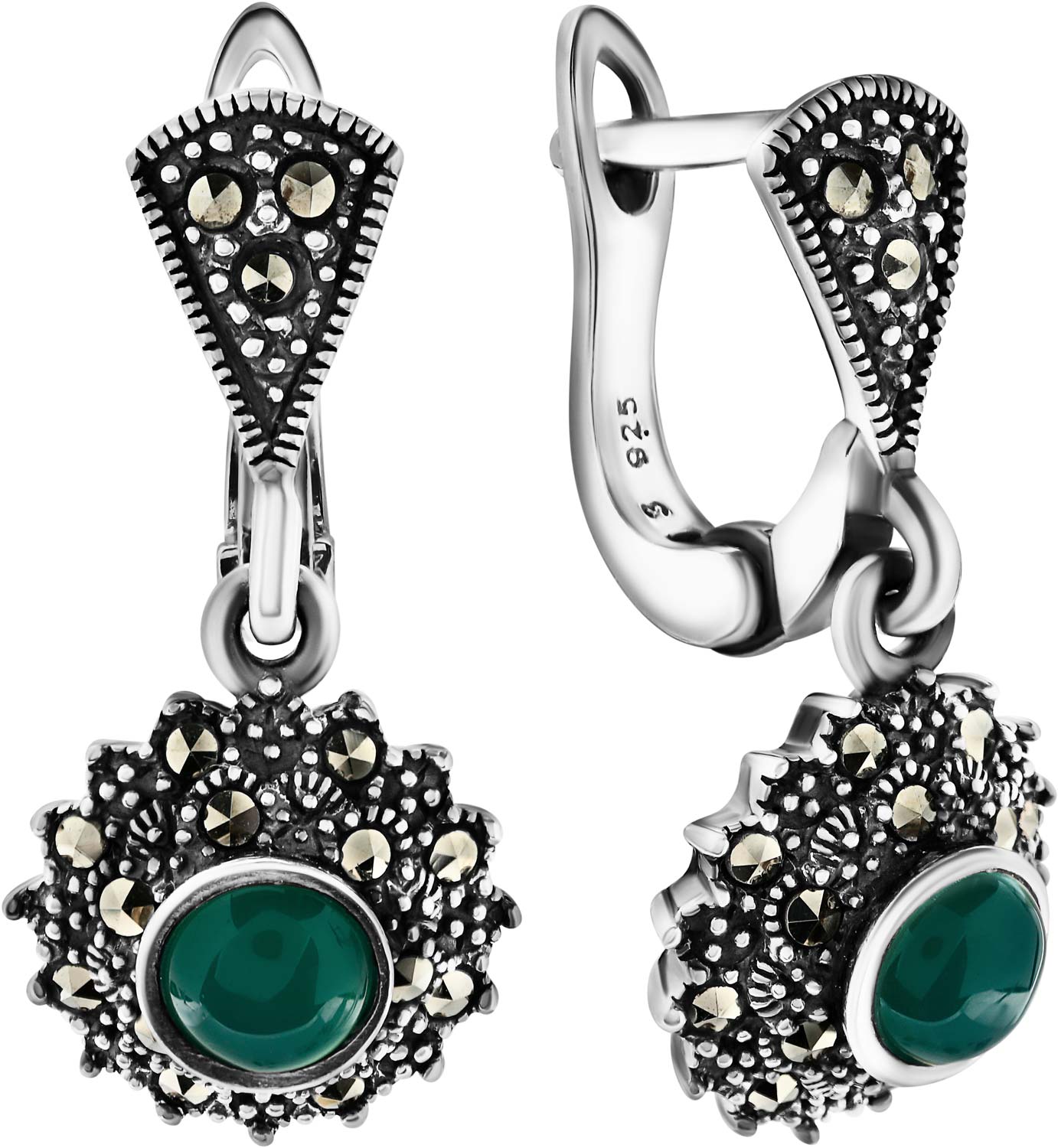 Серебряные серьги с подвесками Марказит HE0916-hrizopraz-mr с хризопразами, марказитами Swarovski